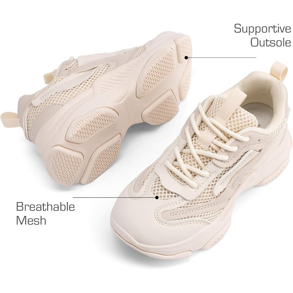 ⚡Kids Girls Beige Sneakers Jelly Sole Lace up Shoes Lightweight Walking Shoes - Picture 4 of 5